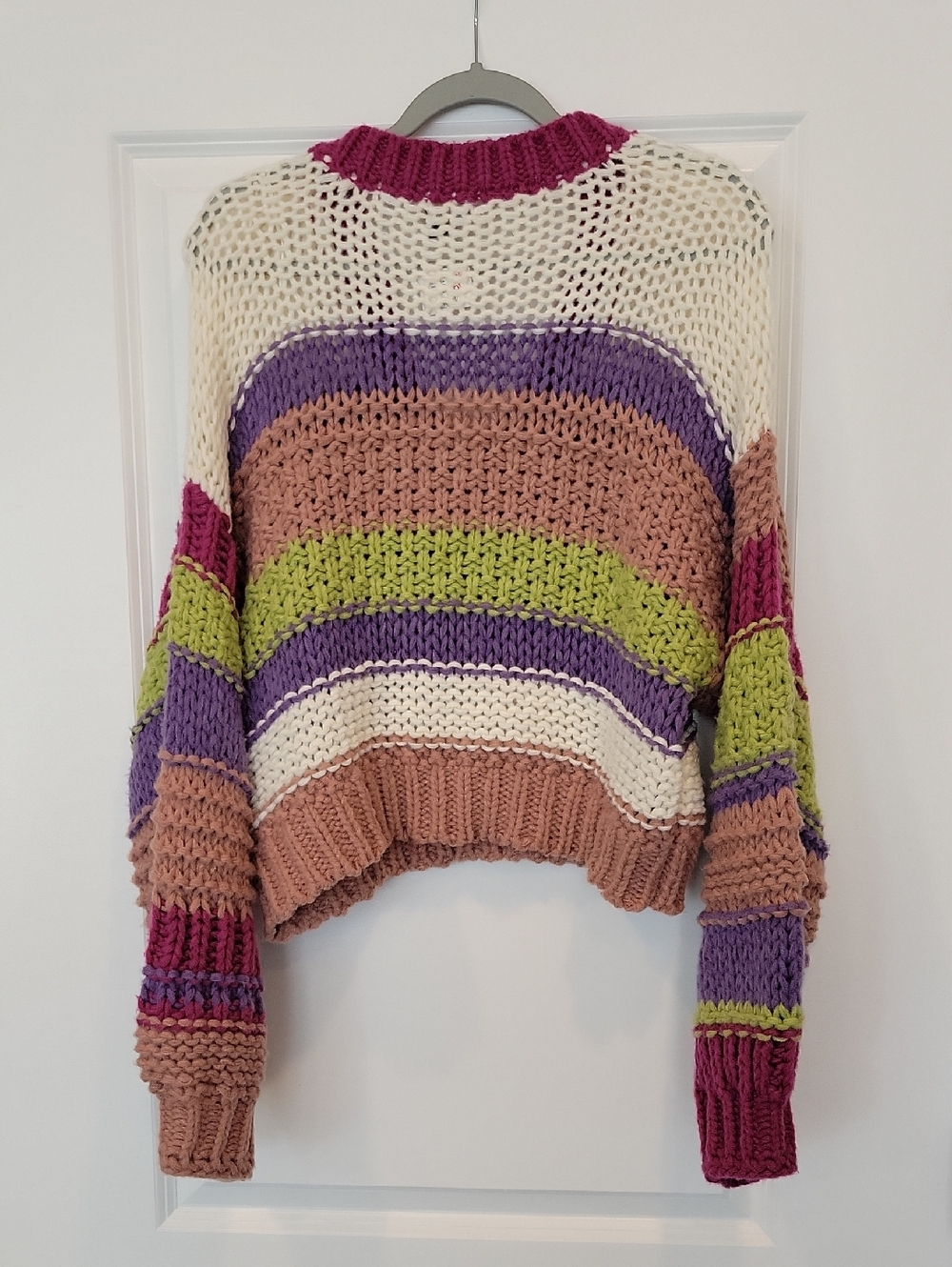 Apricot Lane Striped Multicolored Crop Chunky Sweater In Fuscia Size M/L NWT - Picture 6 of 7